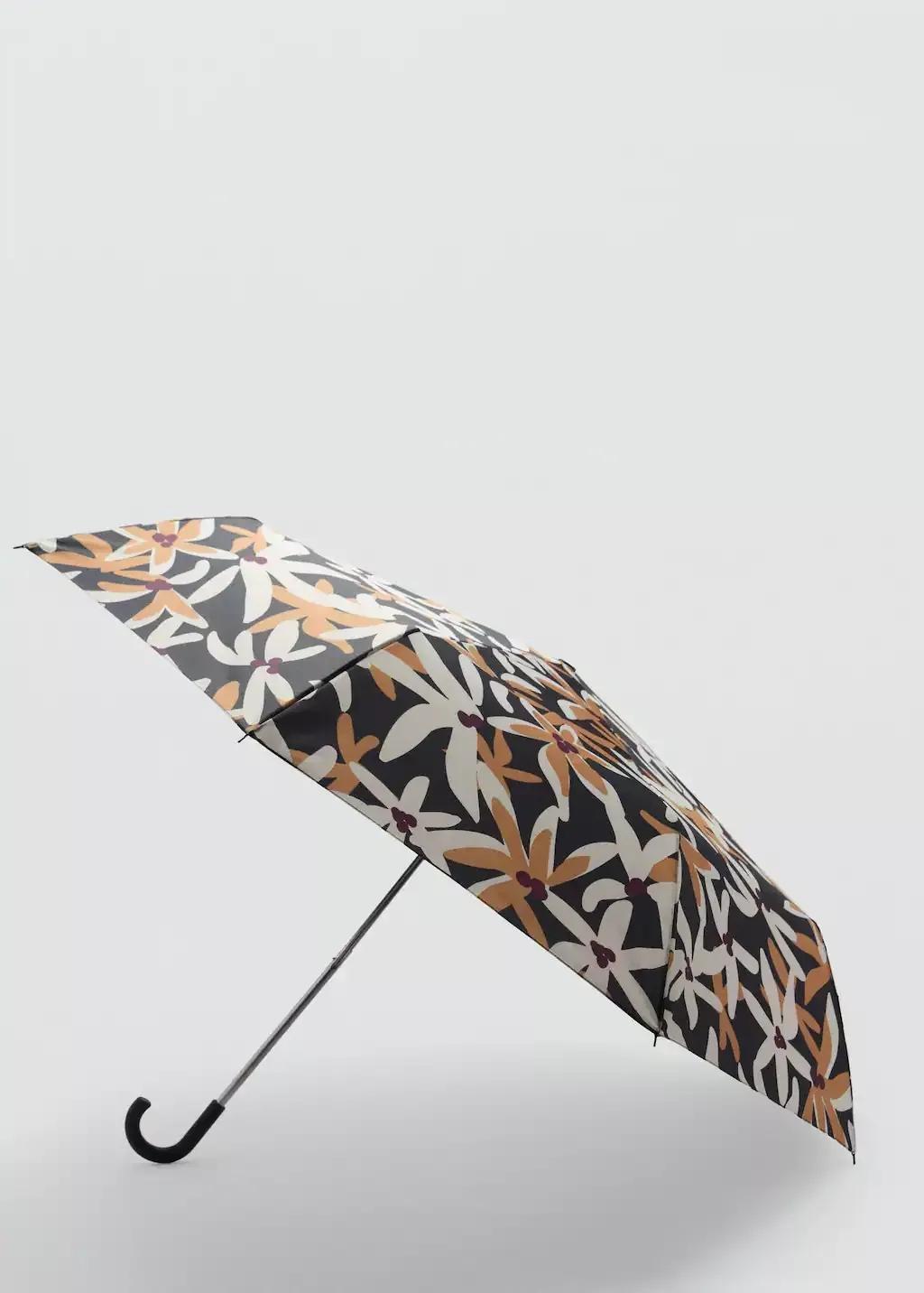 Black Flower Print Umbrella, Black, large image number 0