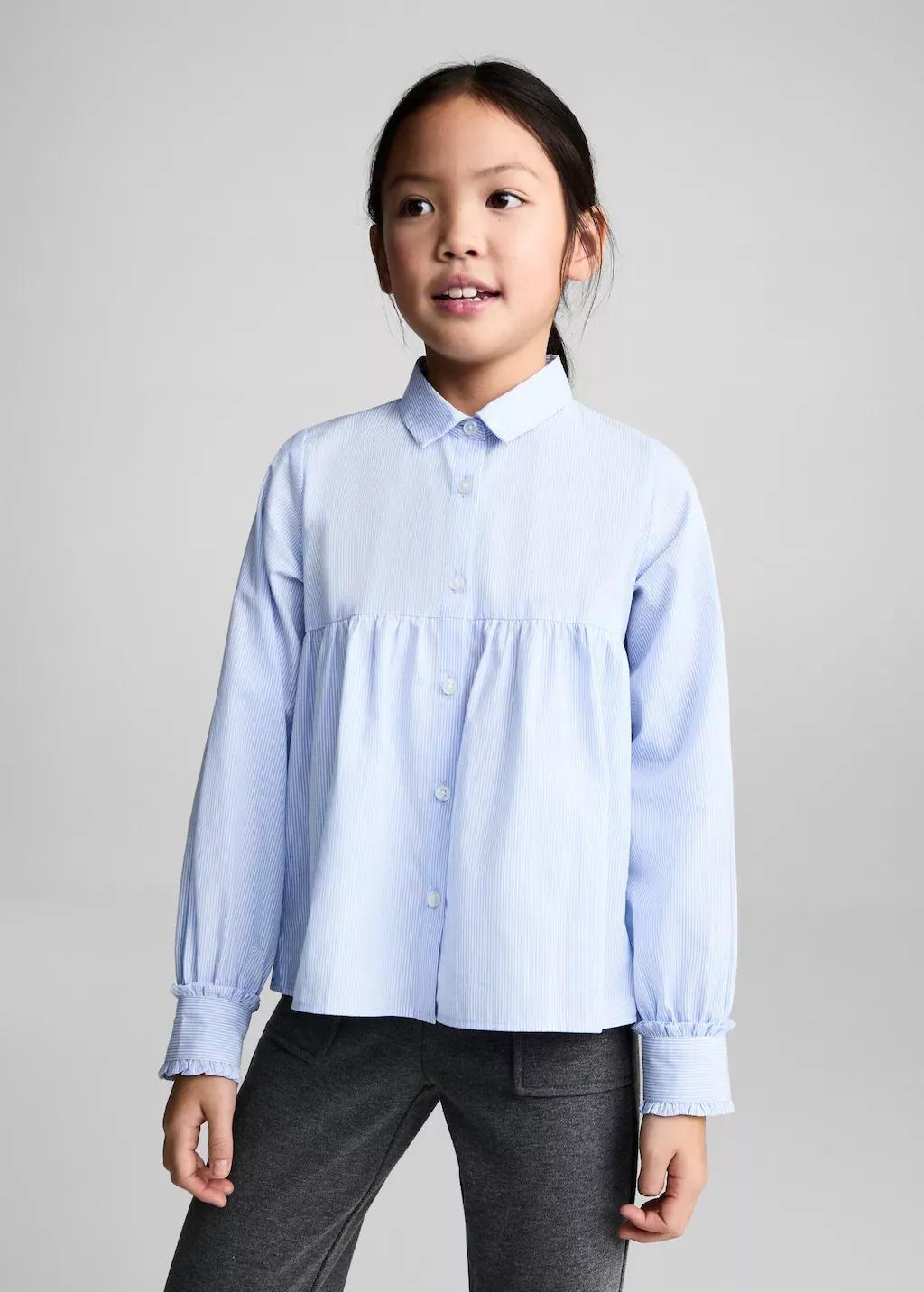 Blue Lt-Pastel Striped Ruffle Shirt, Kids Girl, , large image number 0