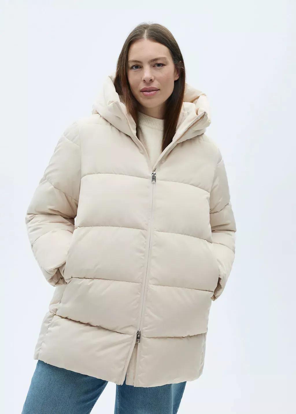 Beige Hood Quilted Coat, , large image number 5