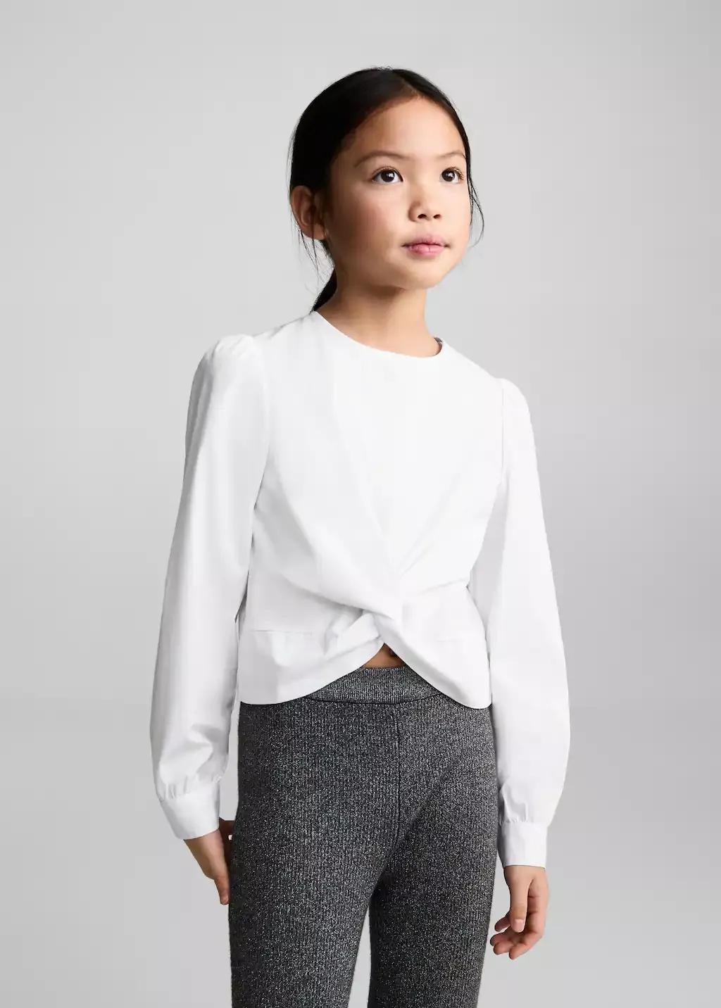 White Knotted-Hem Cotton Blouse, Kids Girl, , large image number 0