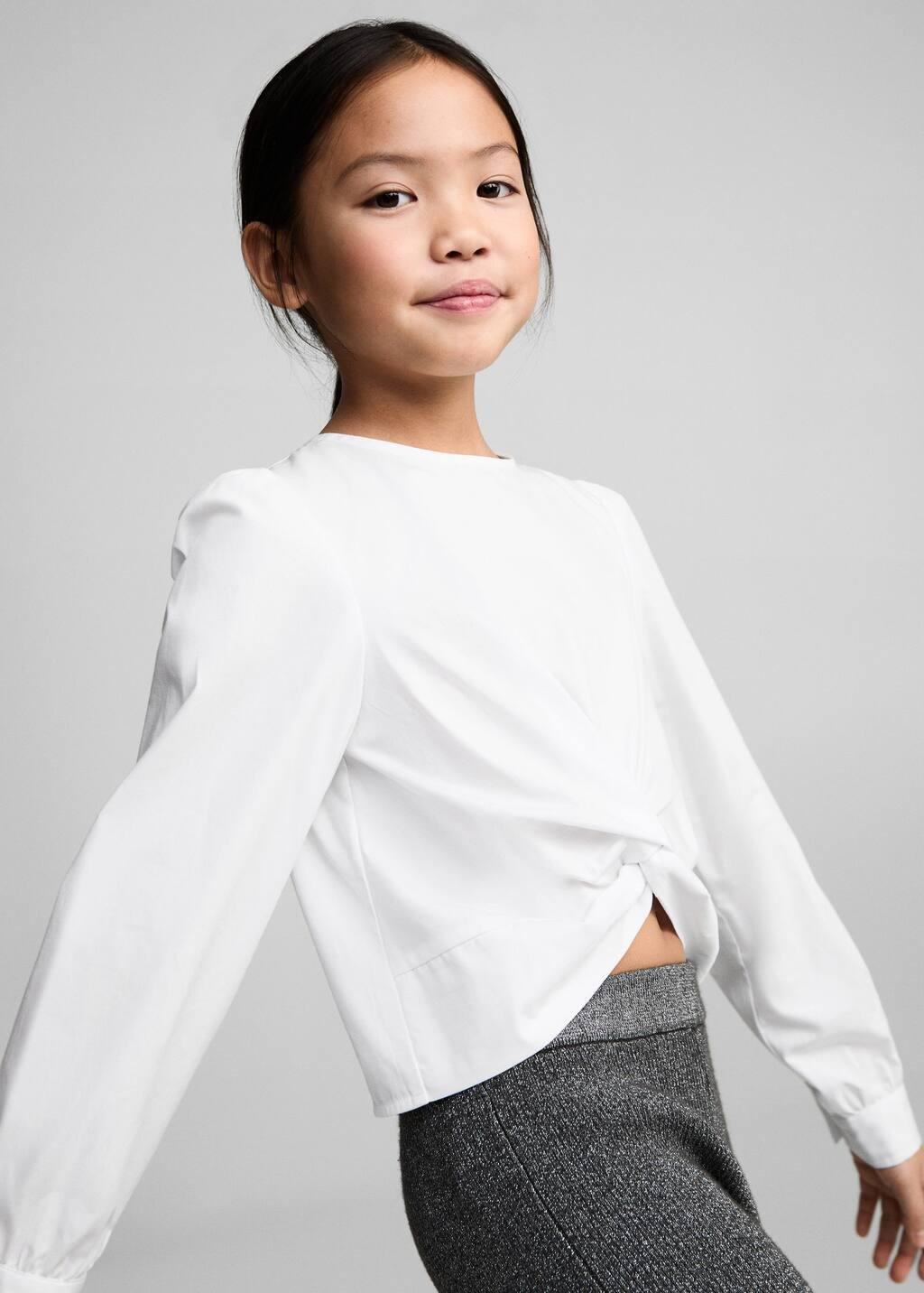 White Knotted-Hem Cotton Blouse, Kids Girl, , large image number 2