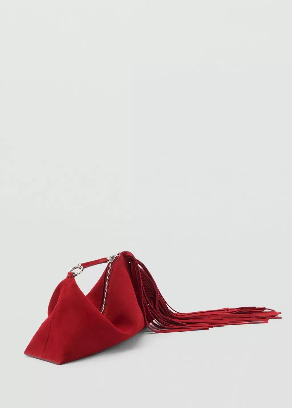 Red Leather Handbag With Fringes, Red, large image number 0