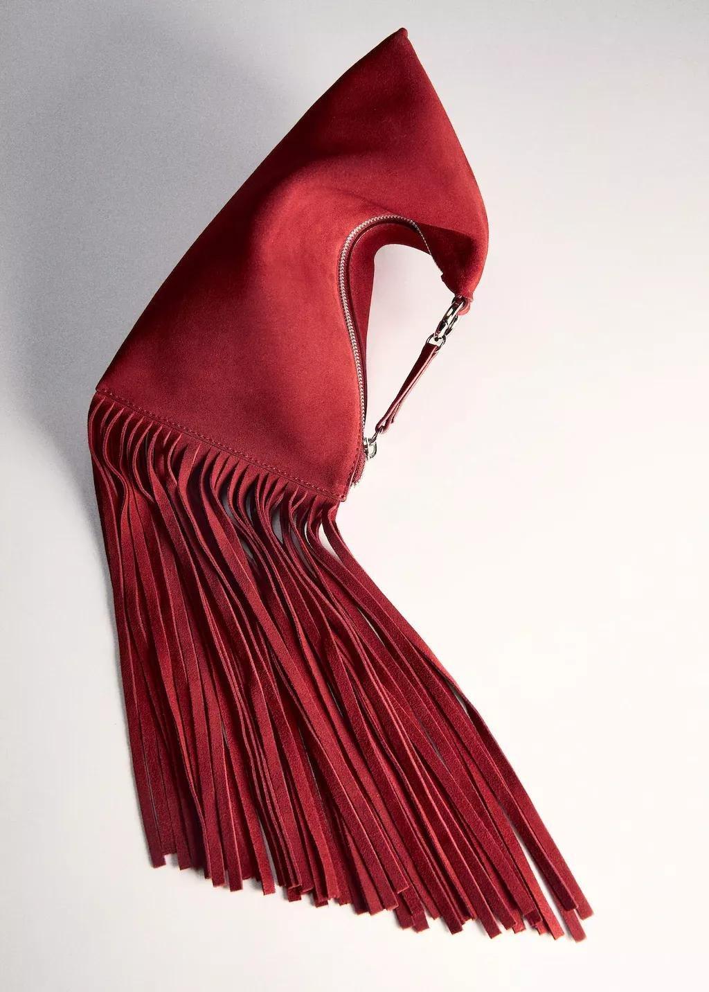 Red Leather Handbag With Fringes, Red, large image number 5