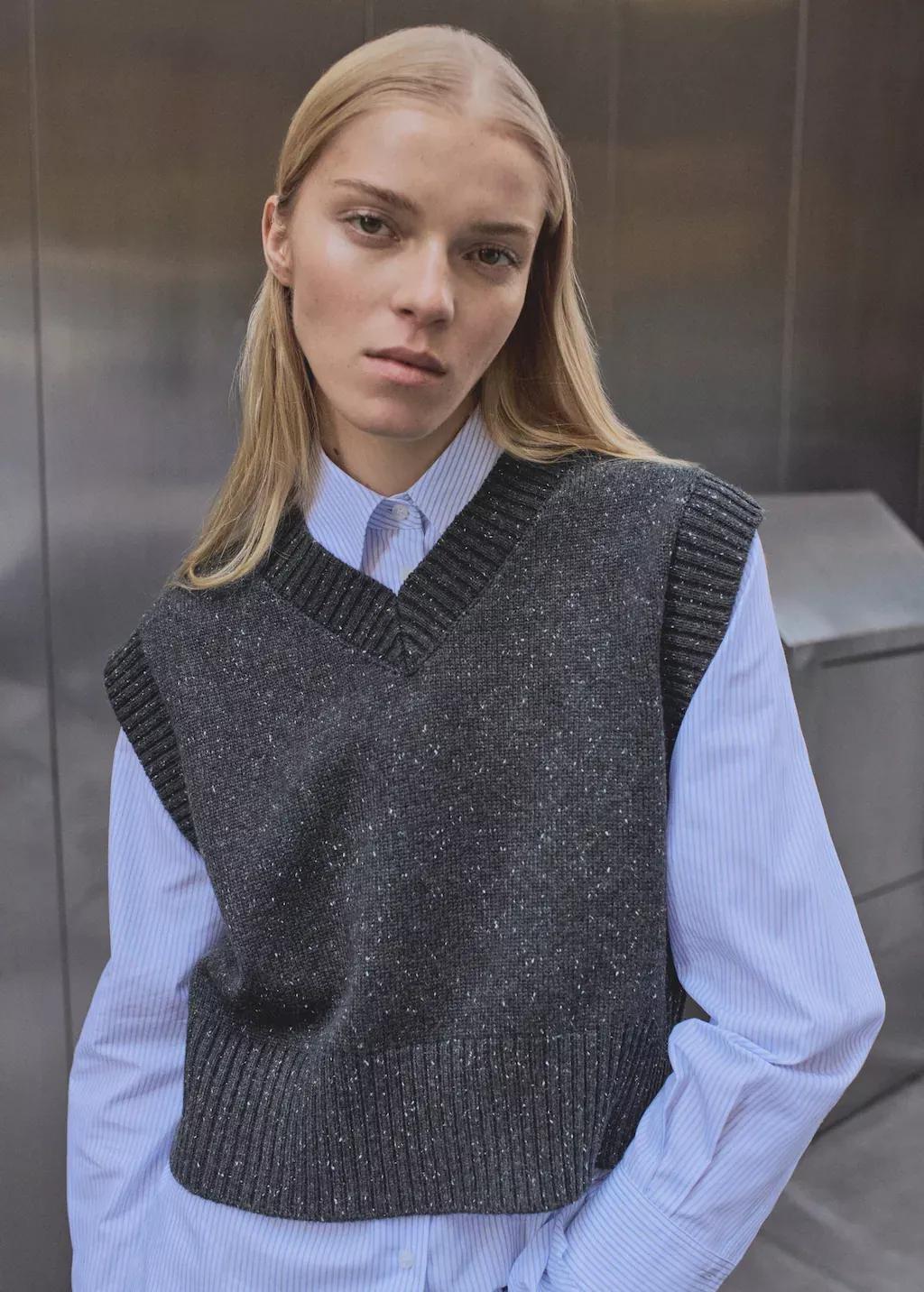 Grey V-Neck Knitted Gilet, , large image number 0
