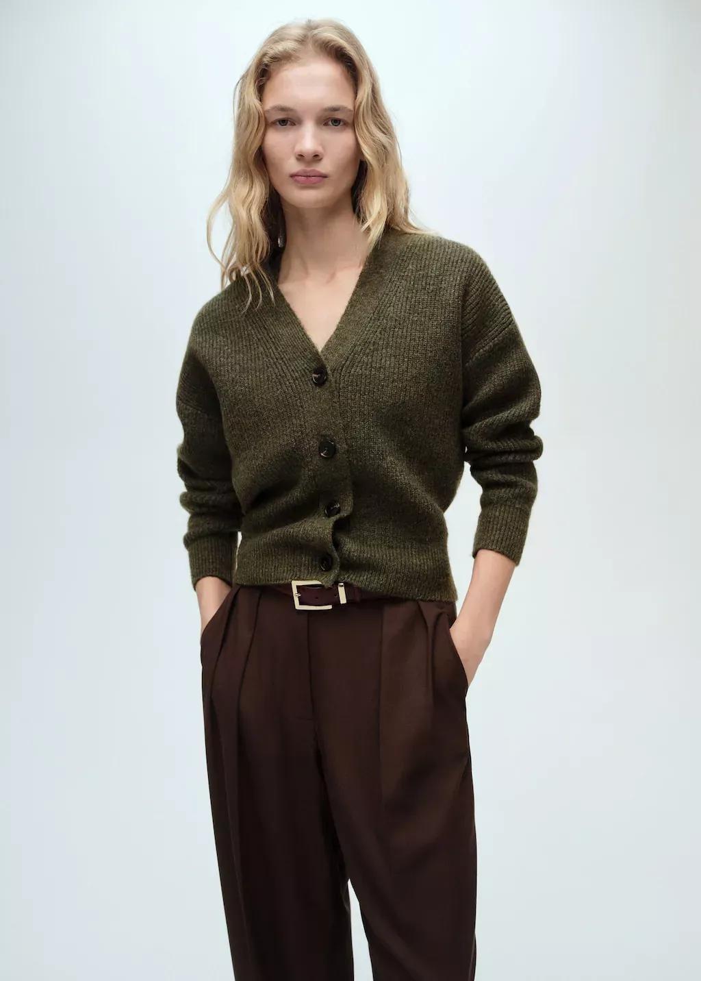 Khaki V-Neck Ribbed Cardigan, , large image number 0