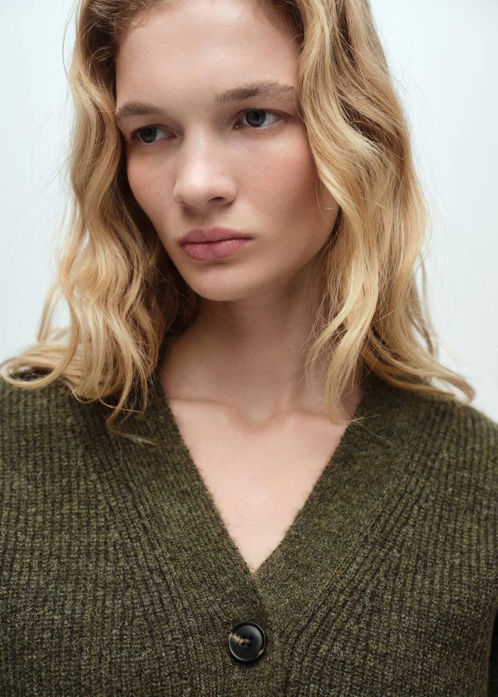 Khaki V-Neck Ribbed Cardigan, , large image number 1