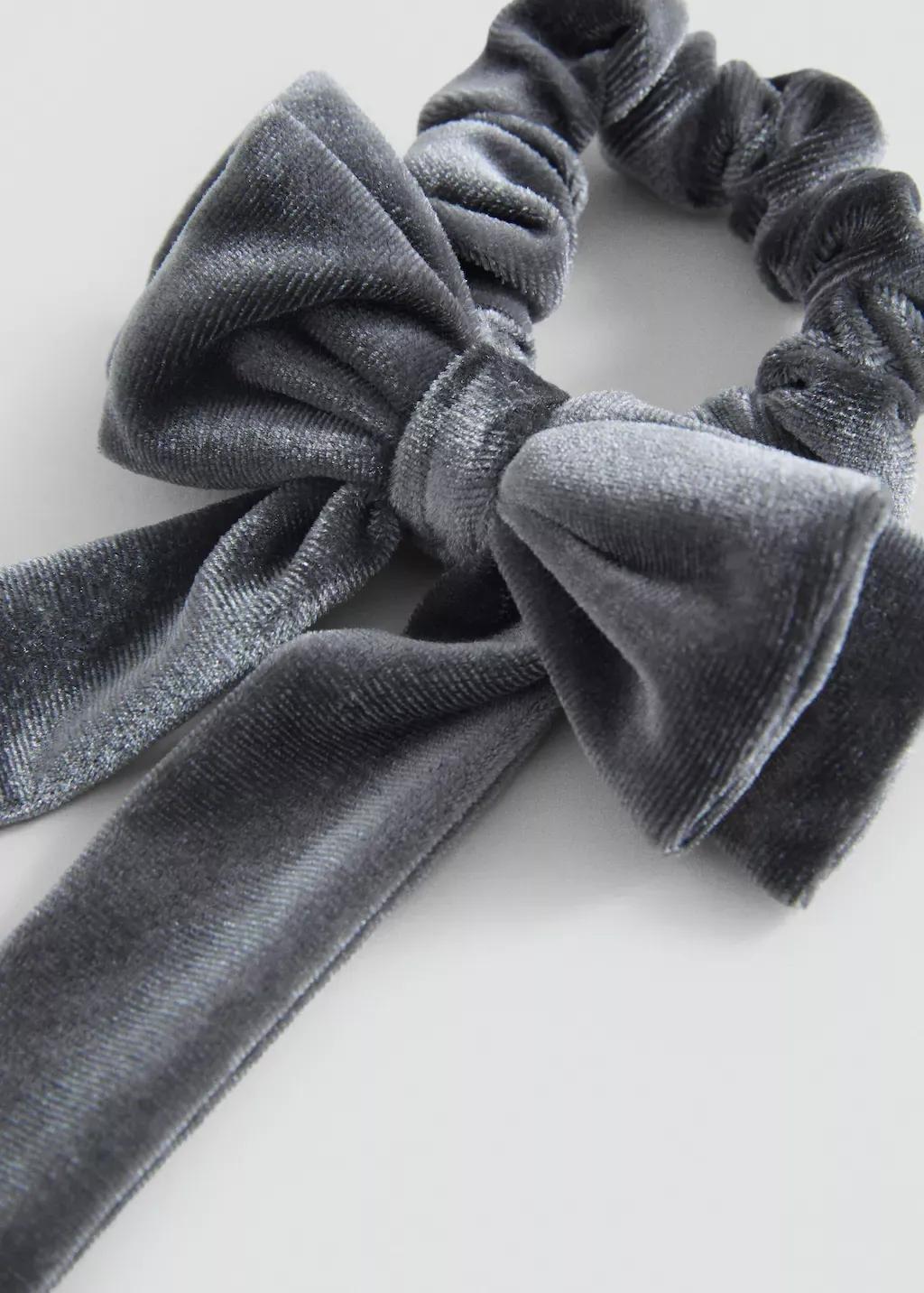 Grey Velvet Bow Hair Tie, Kids Girl, Grey, large image number 0