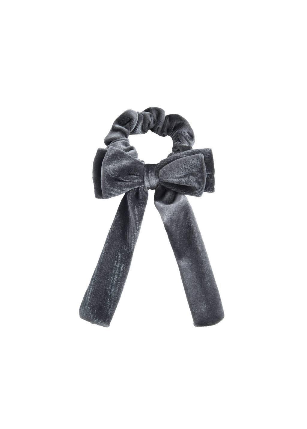 Grey Velvet Bow Hair Tie, Kids Girl, Grey, large image number 2