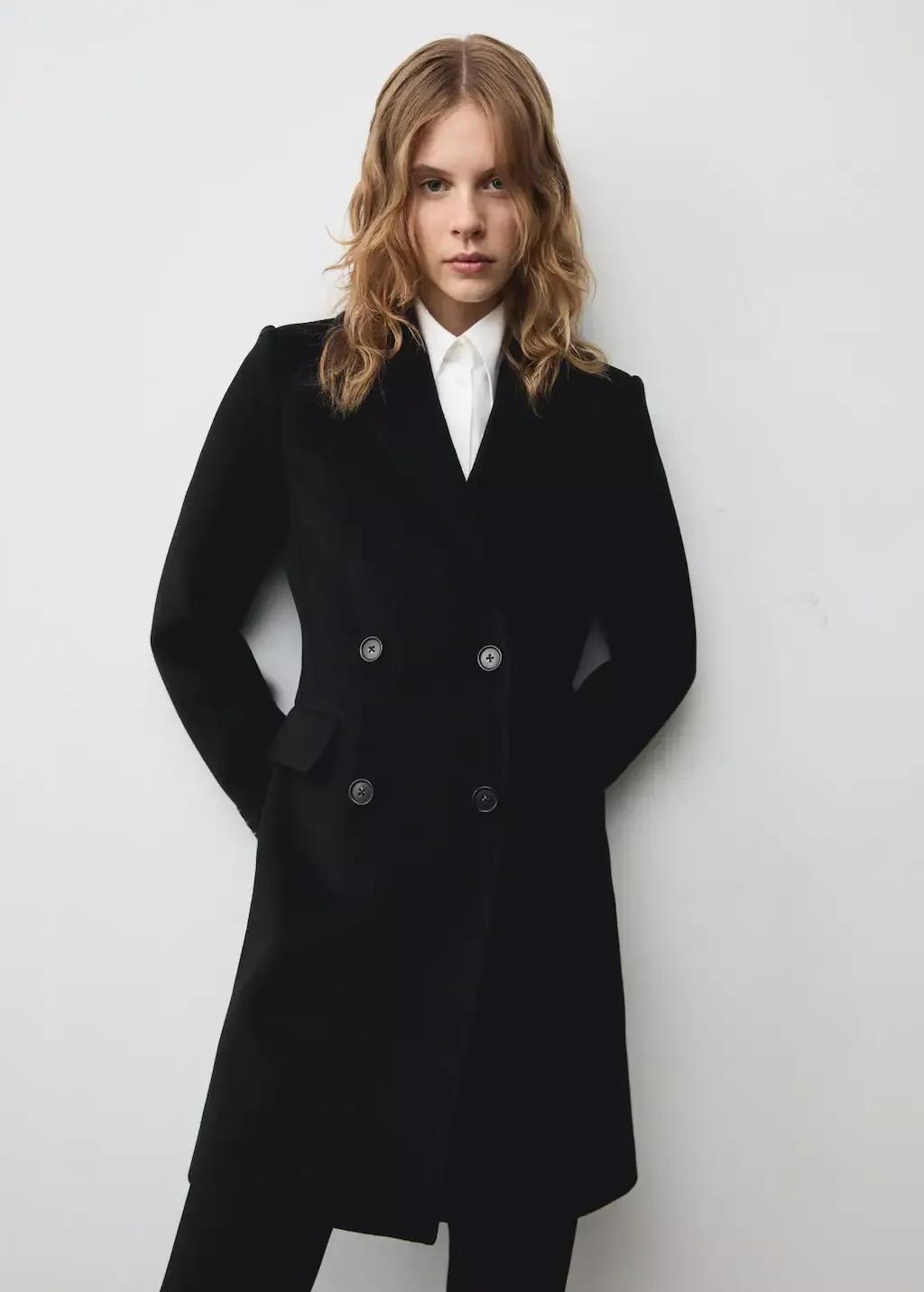 Black Double-Breasted Wool Coat, , large image number 0