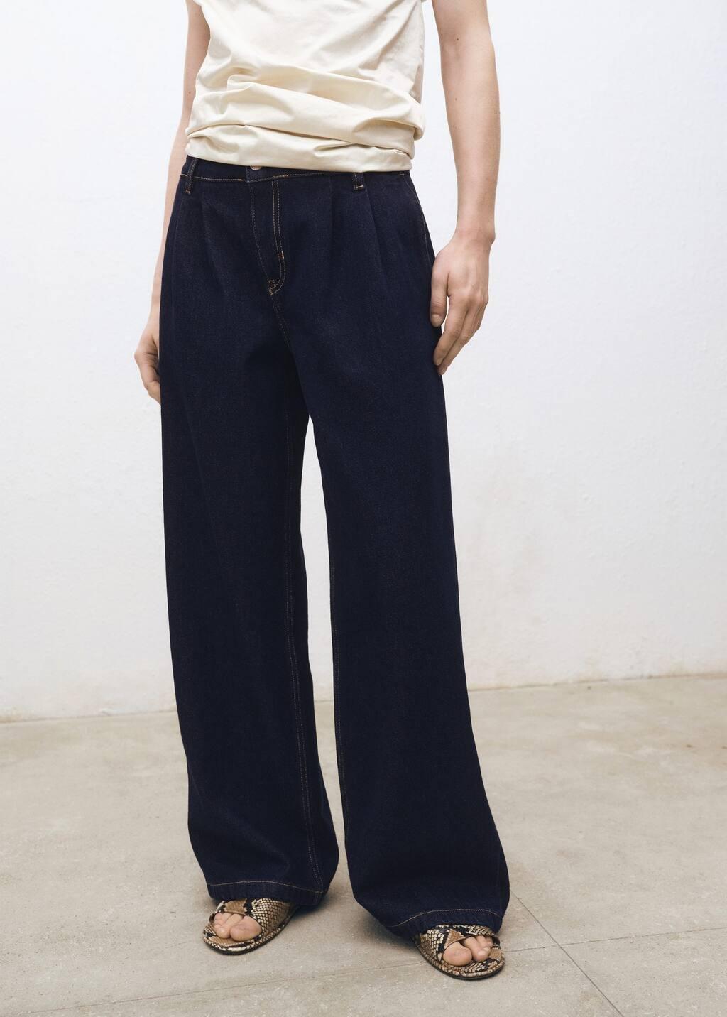 Blue Rinse-Wash Wideleg Jeans With Pleats, , large image number 0