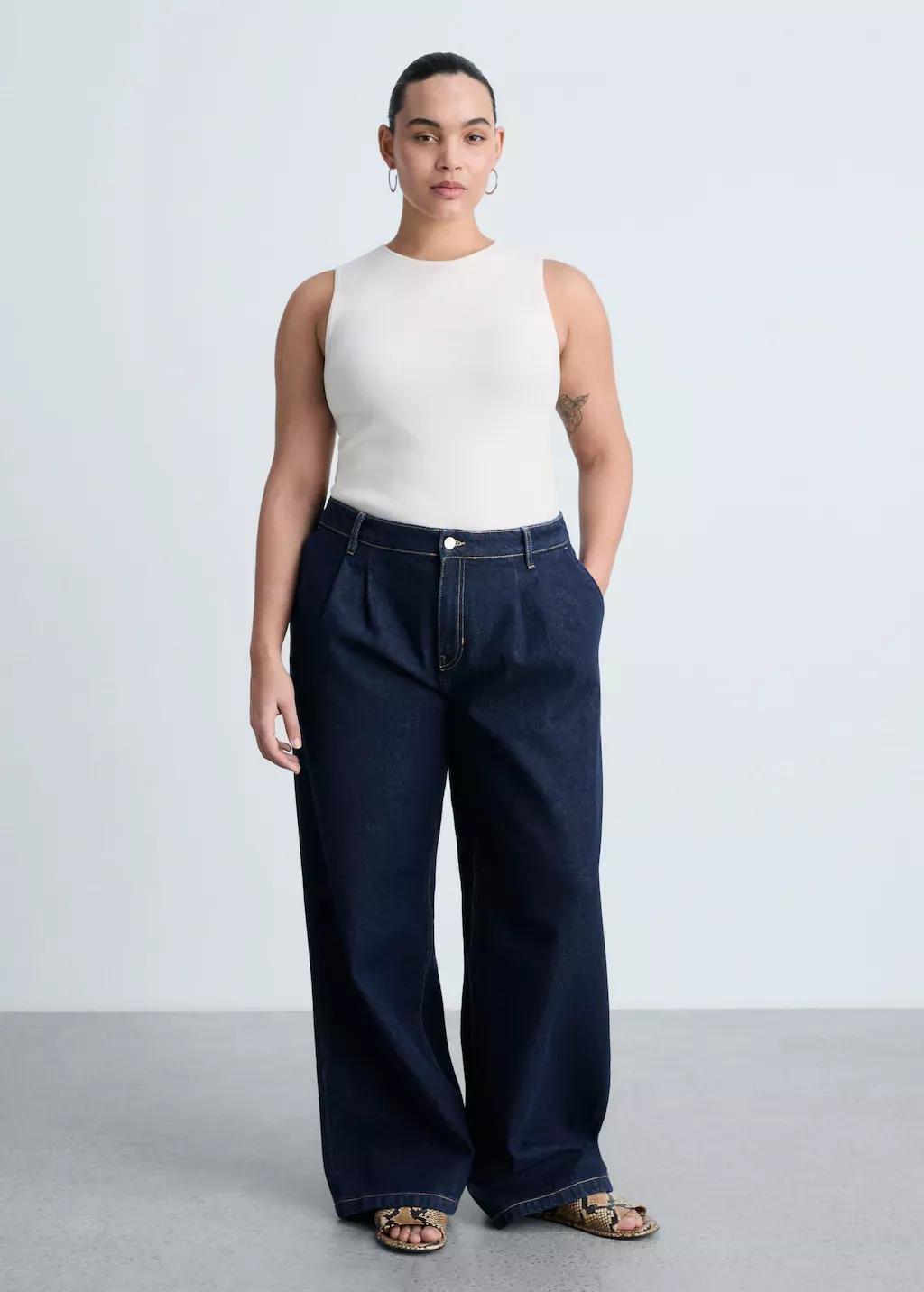 Blue Rinse-Wash Wideleg Jeans With Pleats, , large image number 5