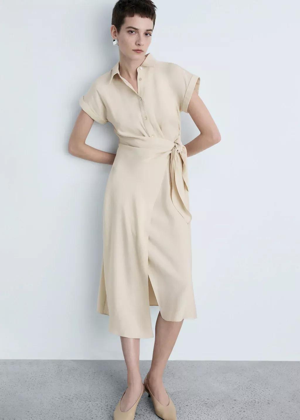 Light Beige Knot Shirt Midi Dress, , large image number 0