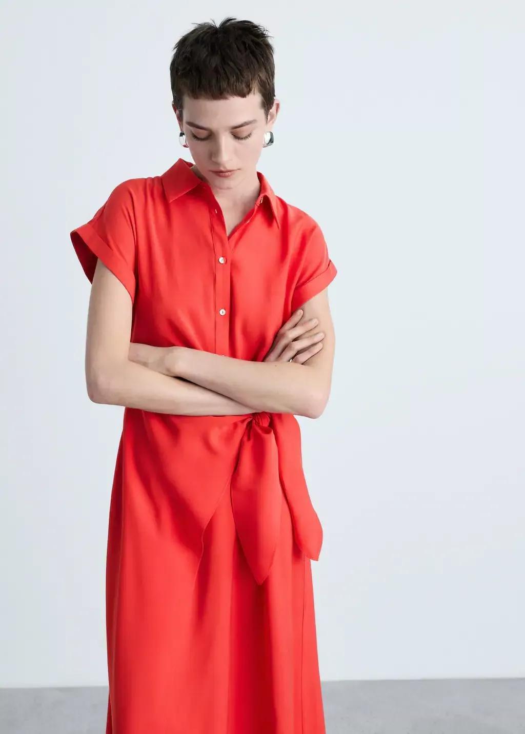 Red Plain Shirt Dress, , medium