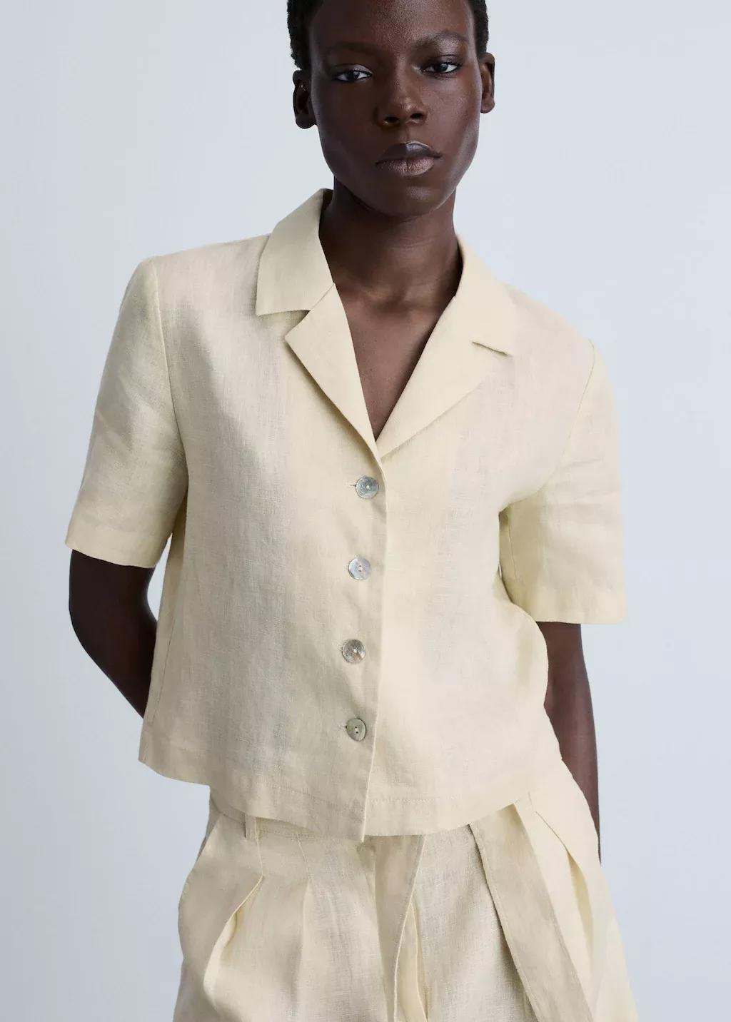 Light Beige Button Down Cropped Shirt, , large image number 0