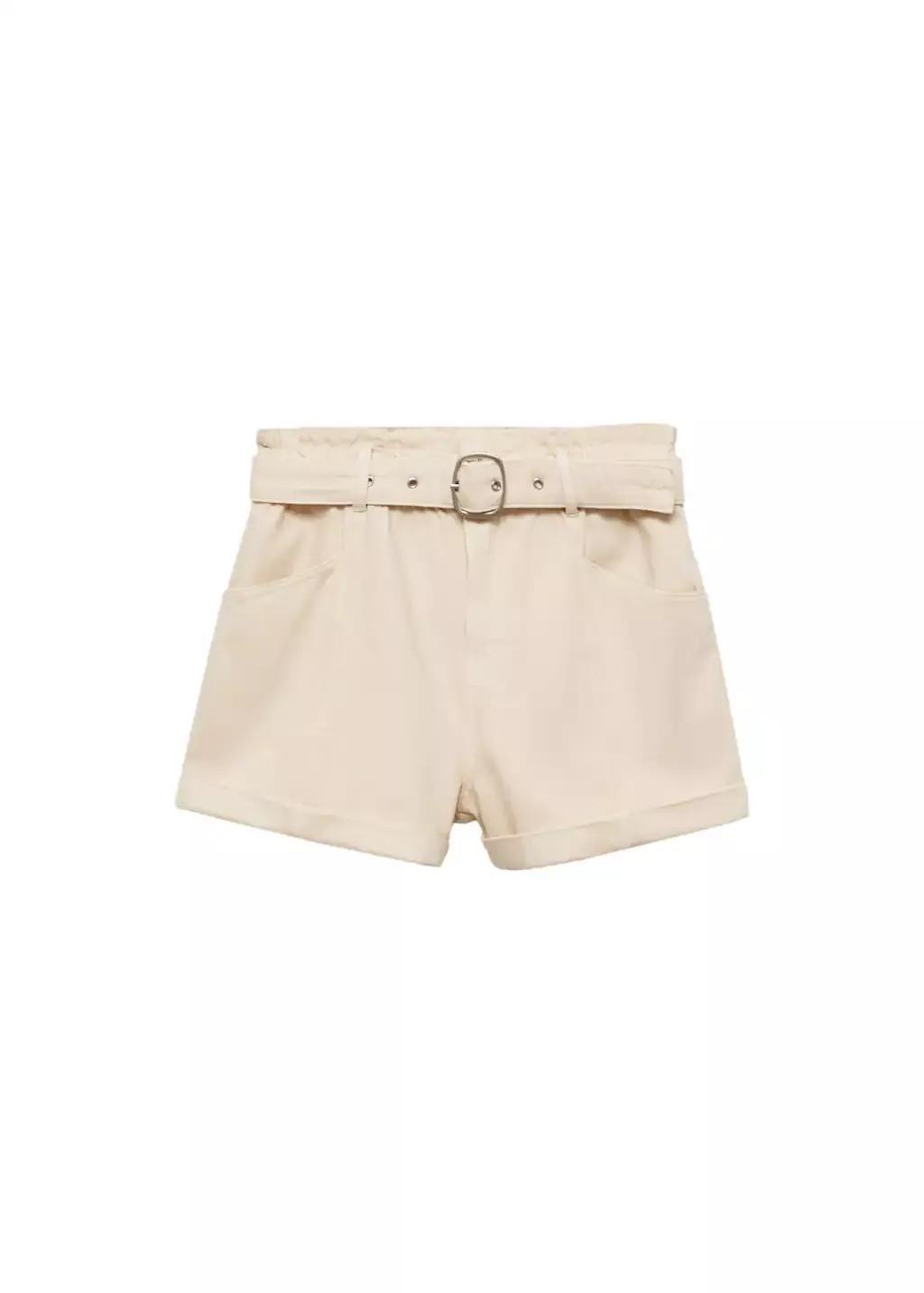 Beige Paperbag Shorts With Belted Hem, , large image number 0
