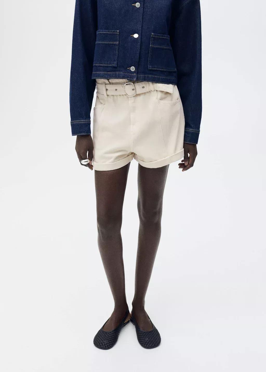 Beige Paperbag Shorts With Belted Hem, , large image number 5