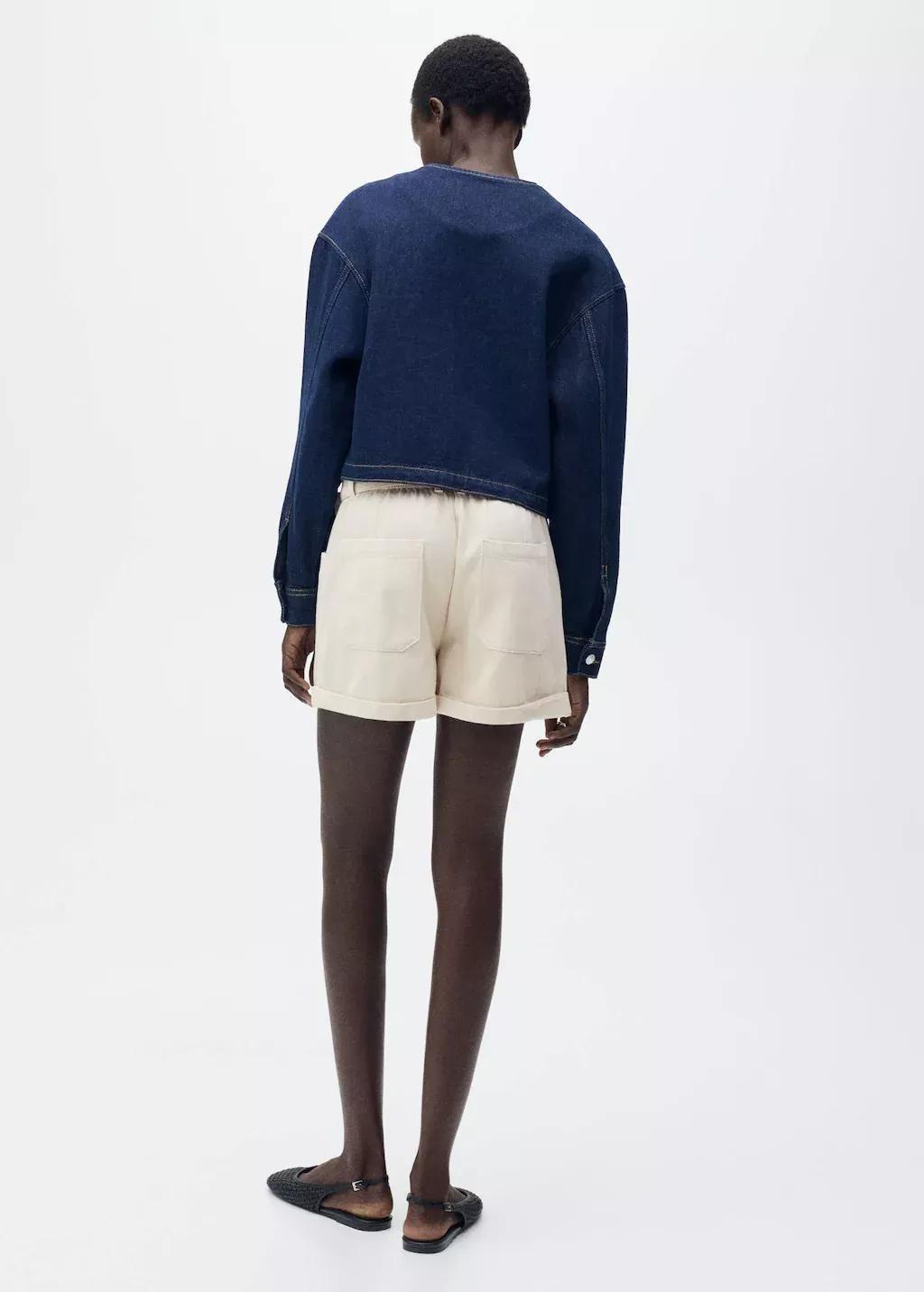 Beige Paperbag Shorts With Belted Hem, , large image number 6