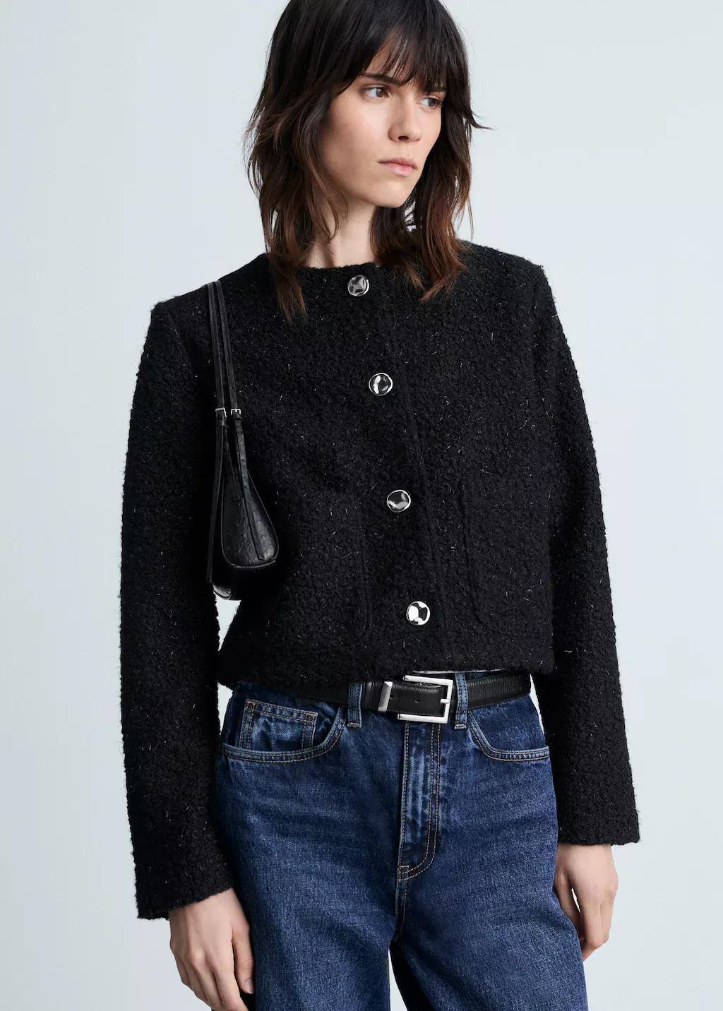 Black Shearling Jacket With Shiny Detail, , large image number 0