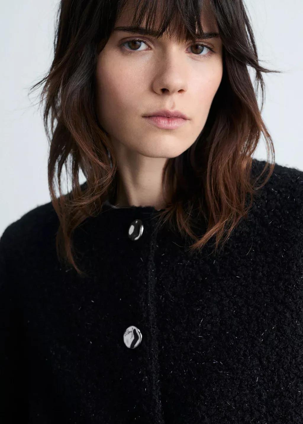 Black Shearling Jacket With Shiny Detail, , large image number 1