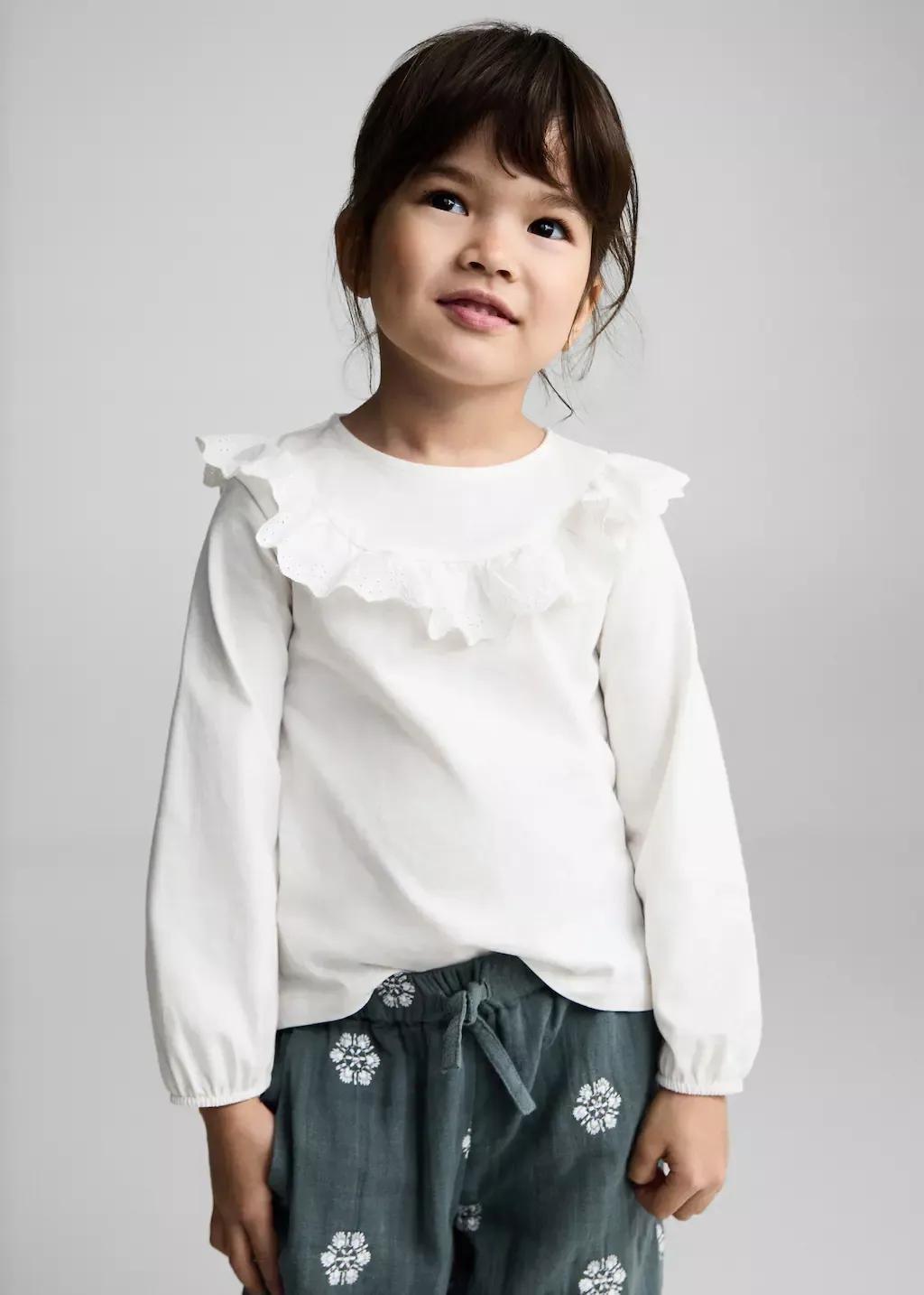 White Ruffle Cotton T-Shirt, Baby Girl, , large image number 0