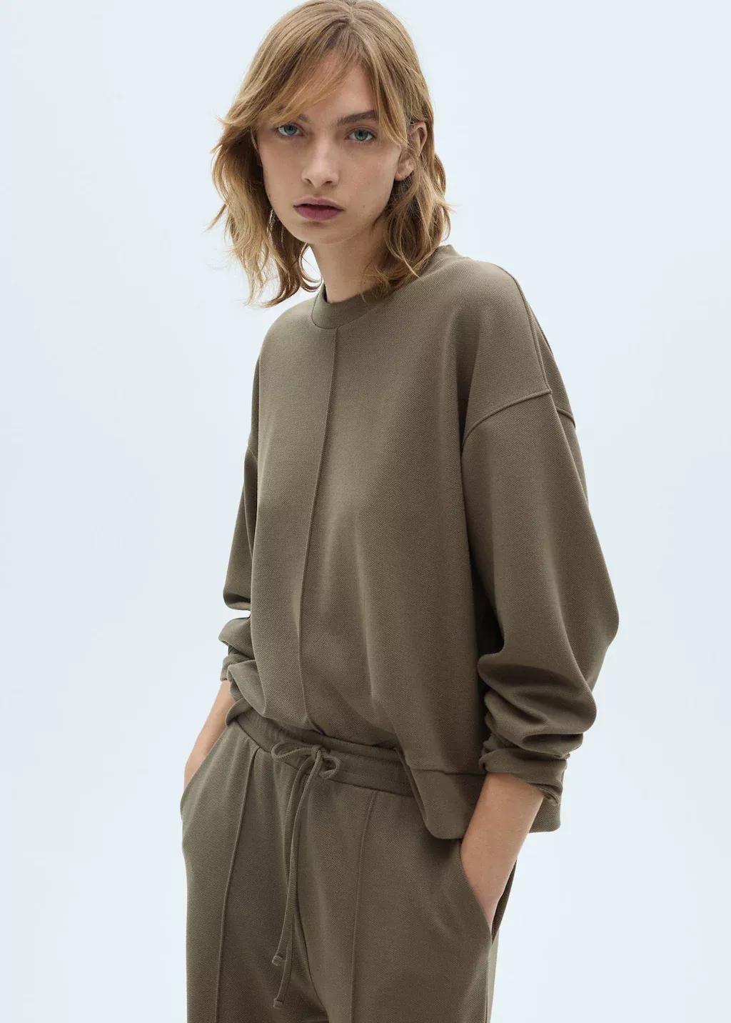 Khaki Crew Neck Sweatshirt With Stitching Detail, , medium