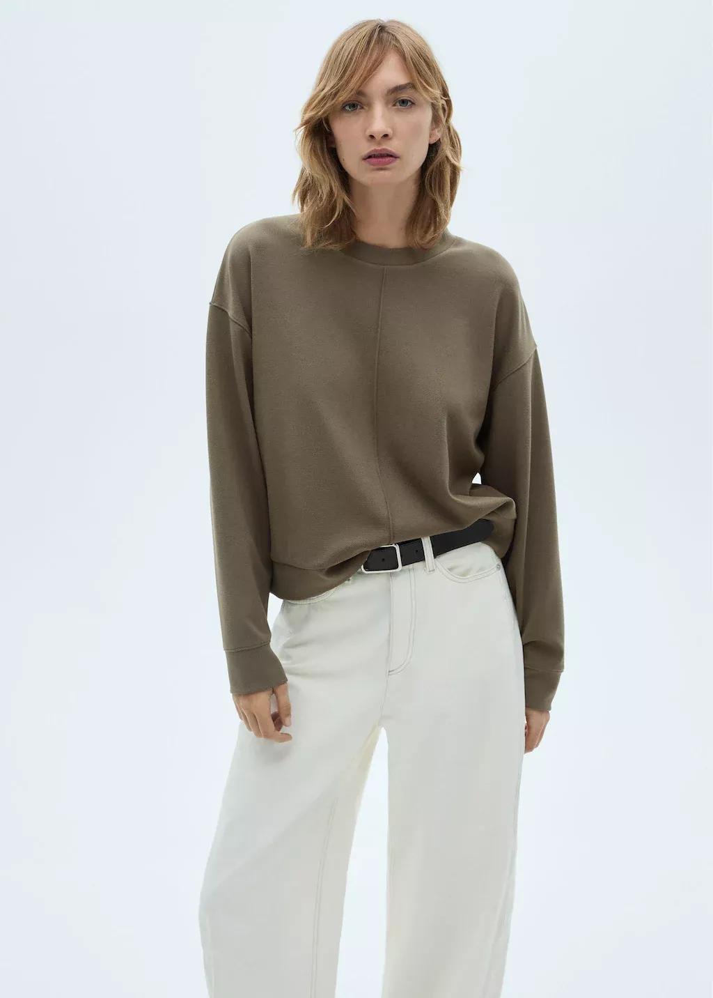 Khaki Crew Neck Sweatshirt With Stitching Detail, 0201_37, large image number 2