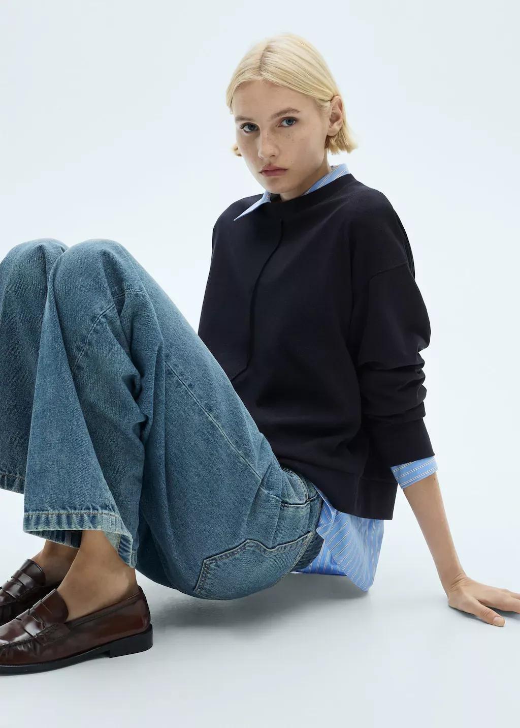 Navy Crew Neck Sweatshirt With Stitching Detail, , large image number 2