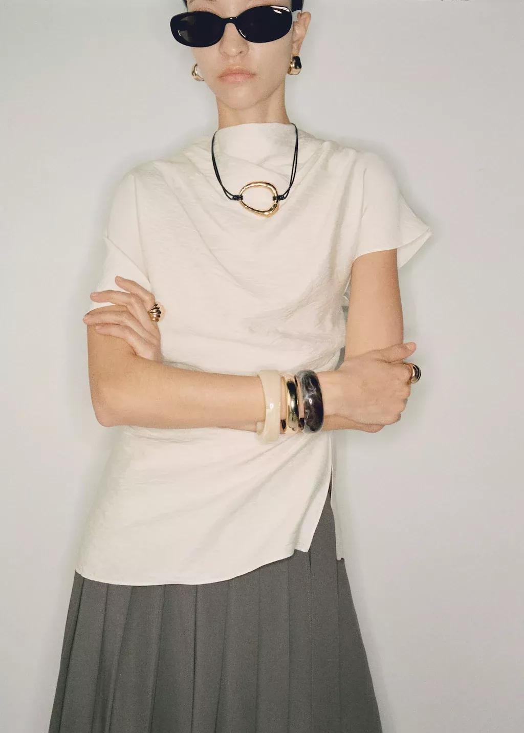 Beige Textured Draped Blouse, , large image number 3
