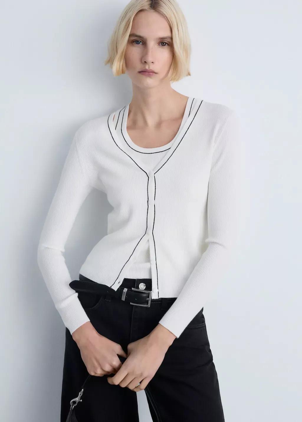 Beige V-Neck Knitted Cardigan, , large image number 0