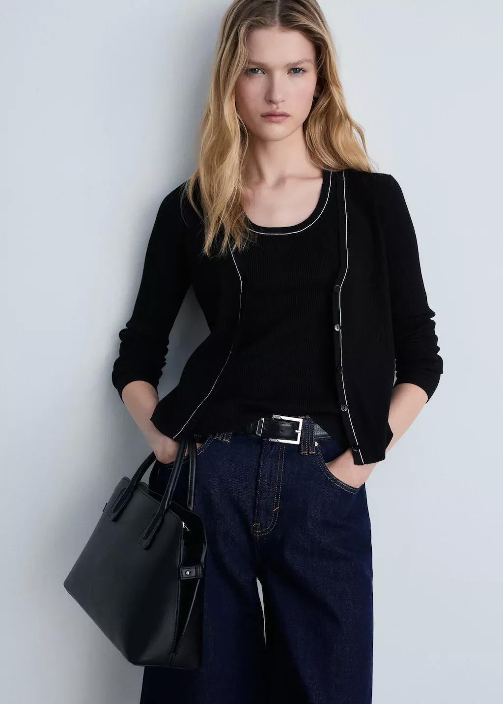 Black V-Neck Knitted Cardigan, , large image number 0