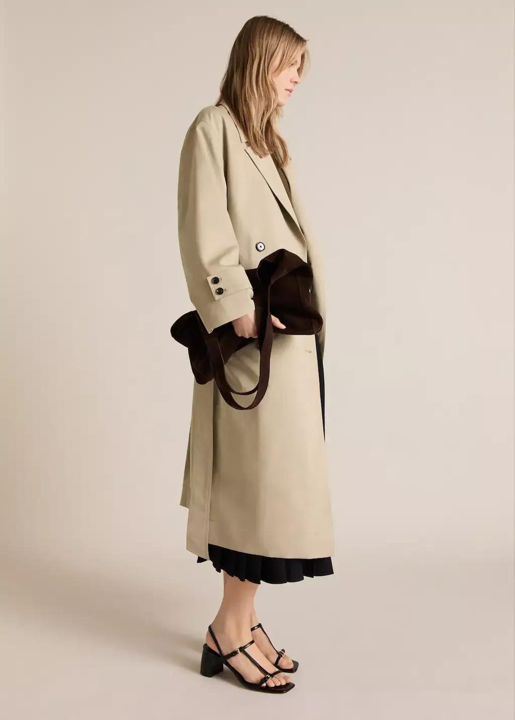 Khaki Long Oversized Double-Breasted Trench Coat, , large image number 2