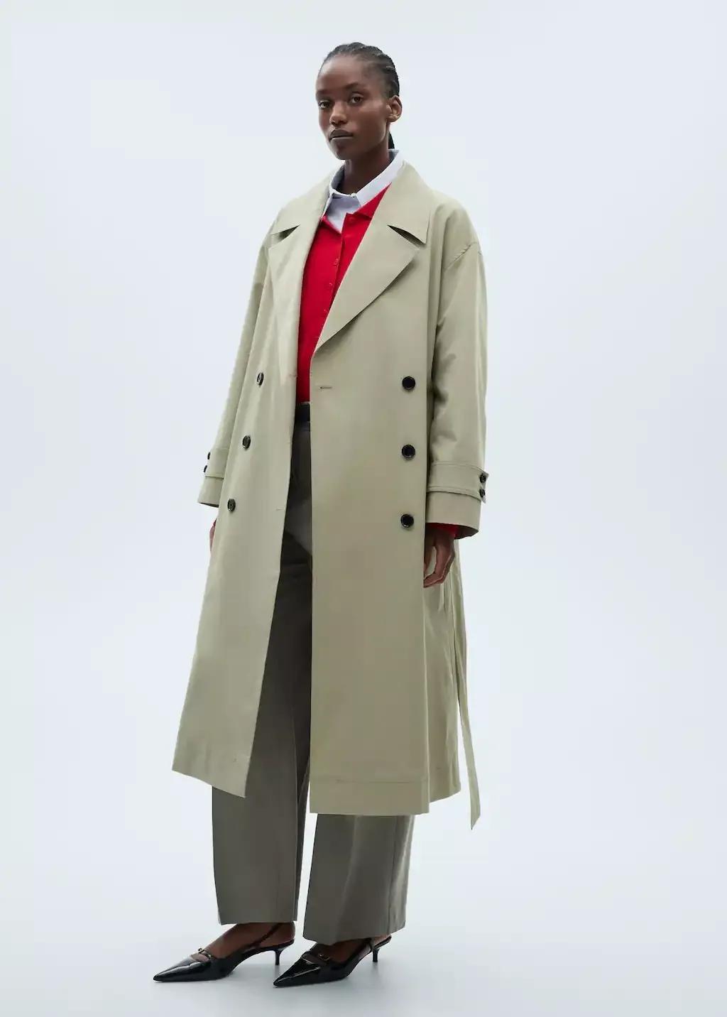 Khaki Long Oversized Double-Breasted Trench Coat, , large image number 4