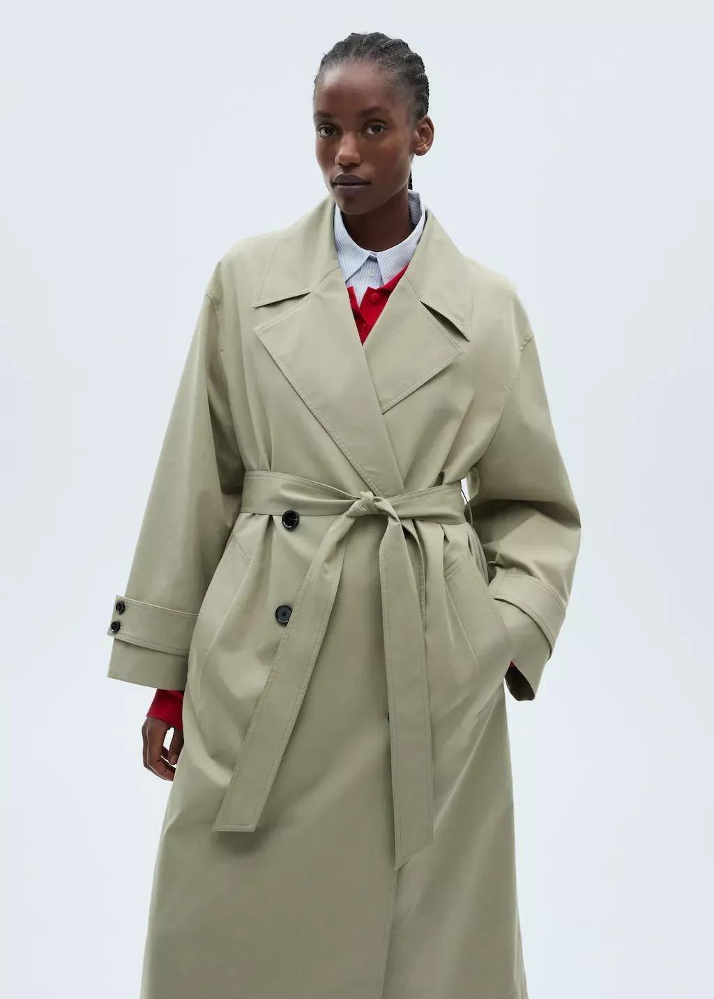 Khaki Long Oversized Double-Breasted Trench Coat, , large image number 5