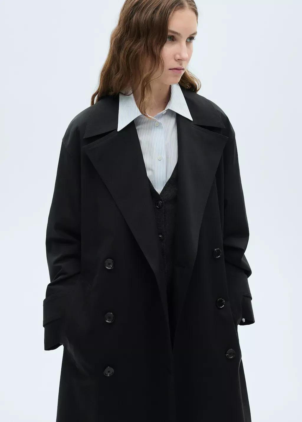 Black Long Oversized Double-Breasted Trench Coat, , large image number 0