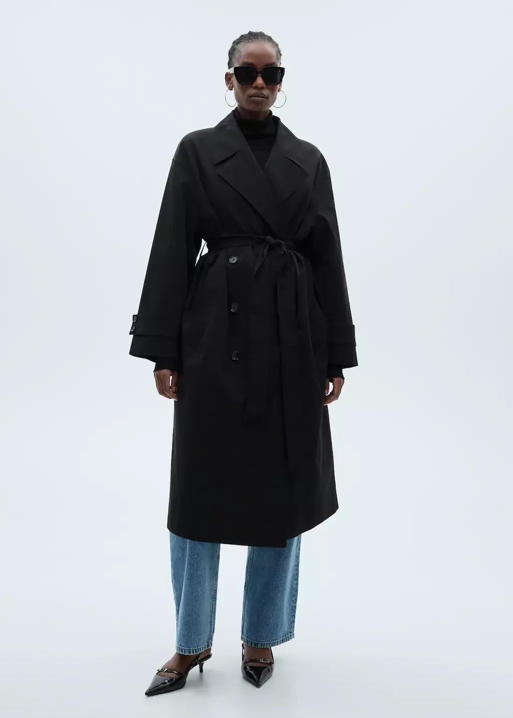 Black Long Oversized Double-Breasted Trench Coat, , large image number 4