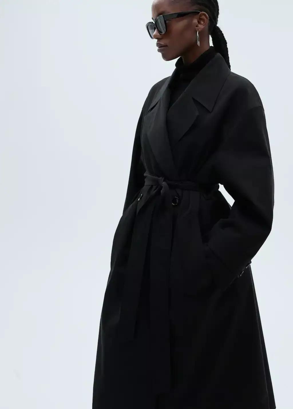 Black Long Oversized Double-Breasted Trench Coat, , large image number 6