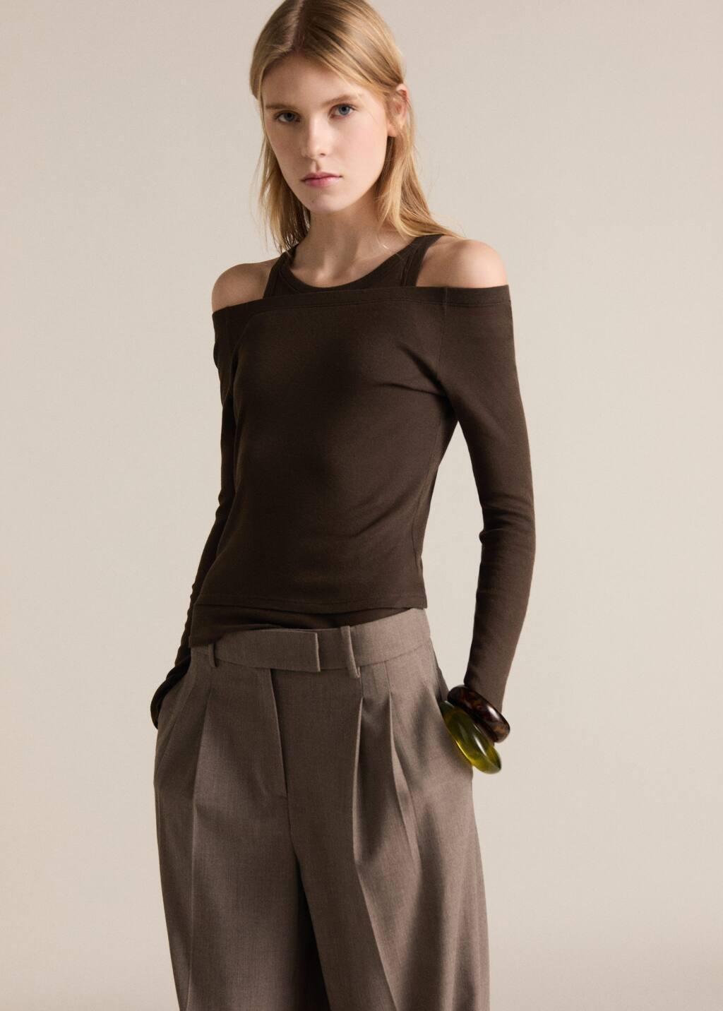 Brown Contrasting Cotton-Blend T-Shirt, , medium