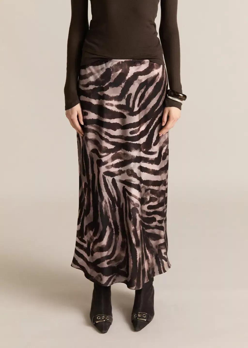Brown Animal-Print Satin Skirt, , large image number 0