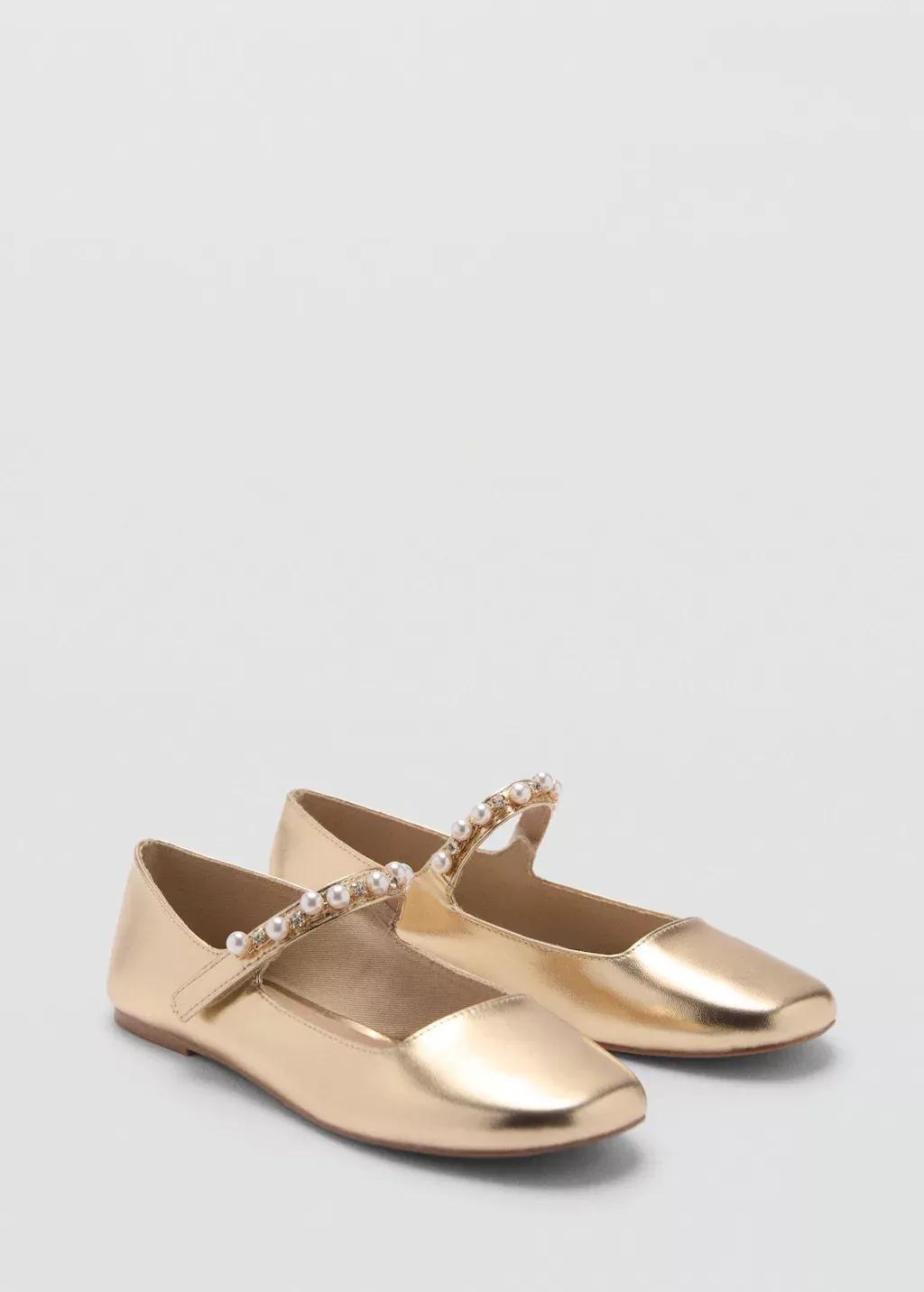 Gold Metallic Strip Ballerinas, Kids Girl, , large image number 0