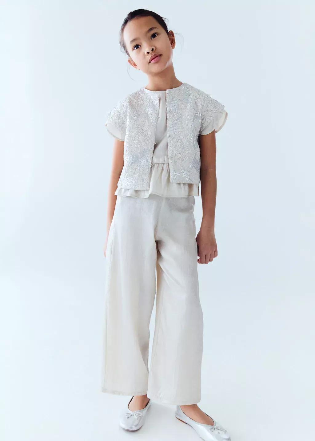 Beige Metallic Straight-Fit Trousers, Kids Girl, , large image number 4