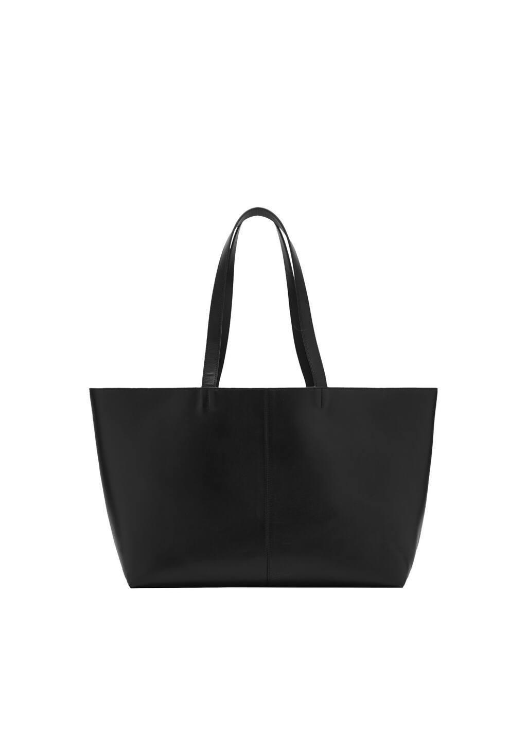 Black Leather Shopper Bag, Black, large image number 3