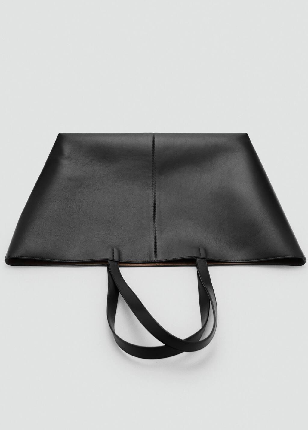 Black Leather Shopper Bag, Black, large image number 5