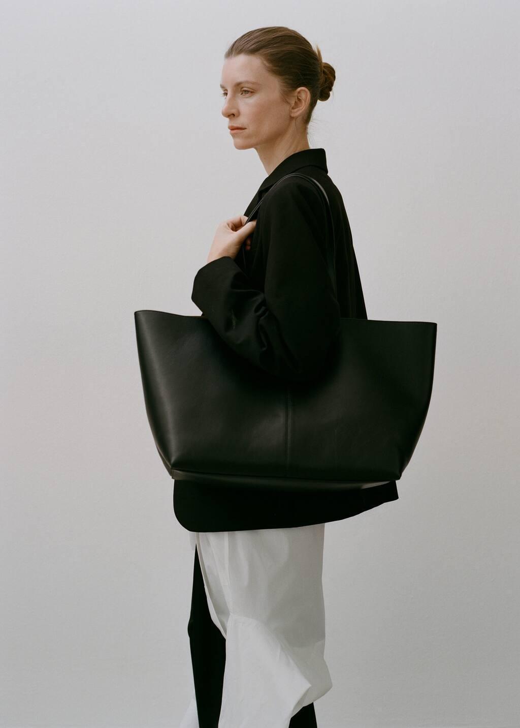 Black Leather Shopper Bag, Black, large image number 7