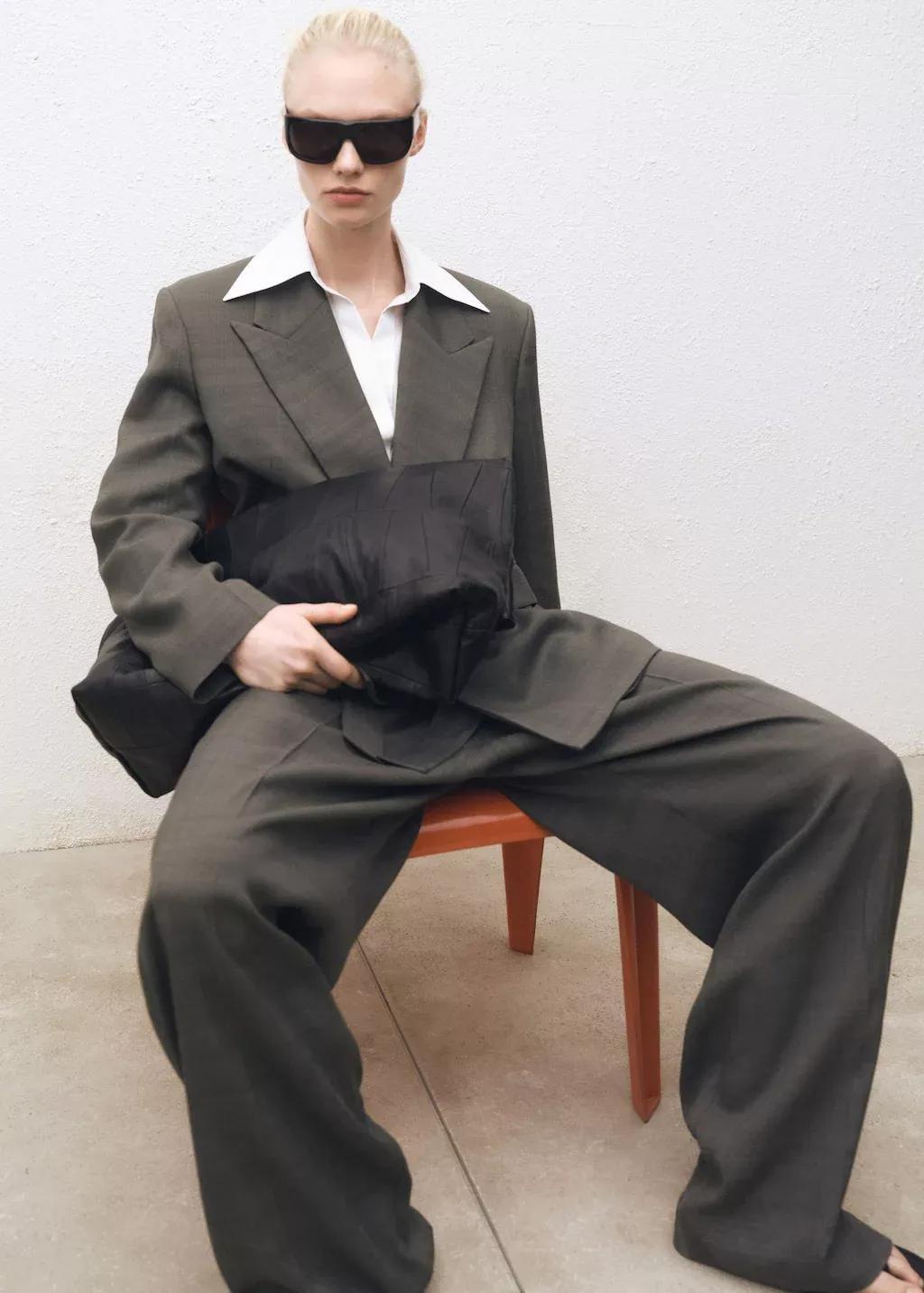 Khaki Oversized Double-Breasted Suit Jacket, , large image number 1