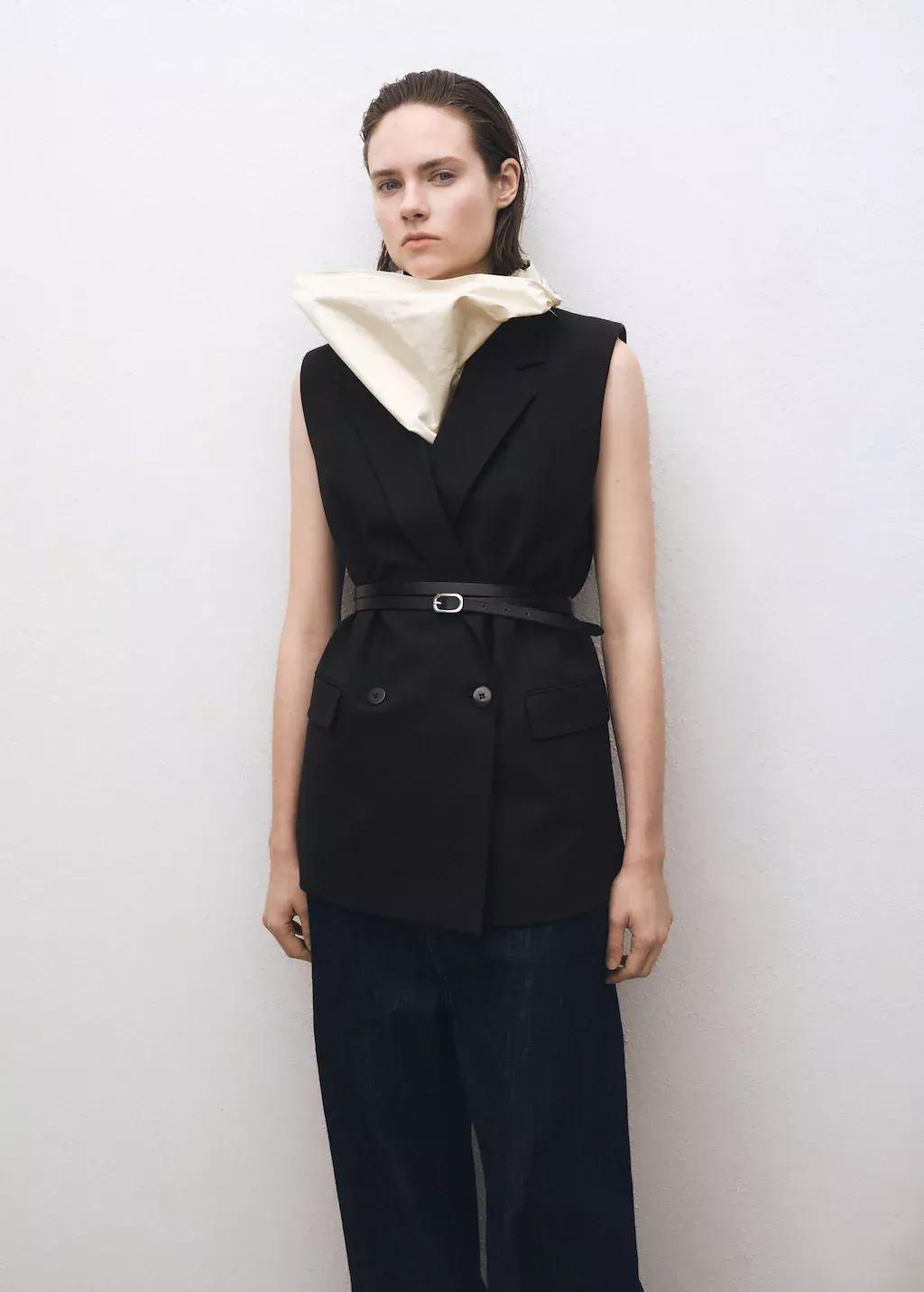 Black Wool-Blend Waistcoat With Lapels, , medium