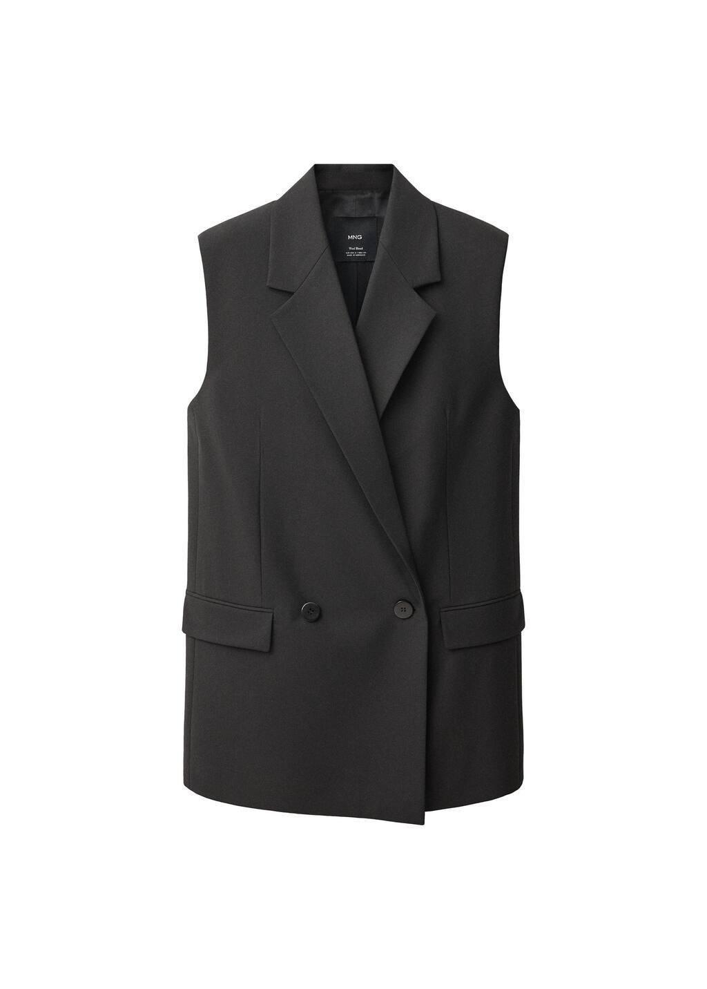 Black Wool-Blend Waistcoat With Lapels, , large image number 3