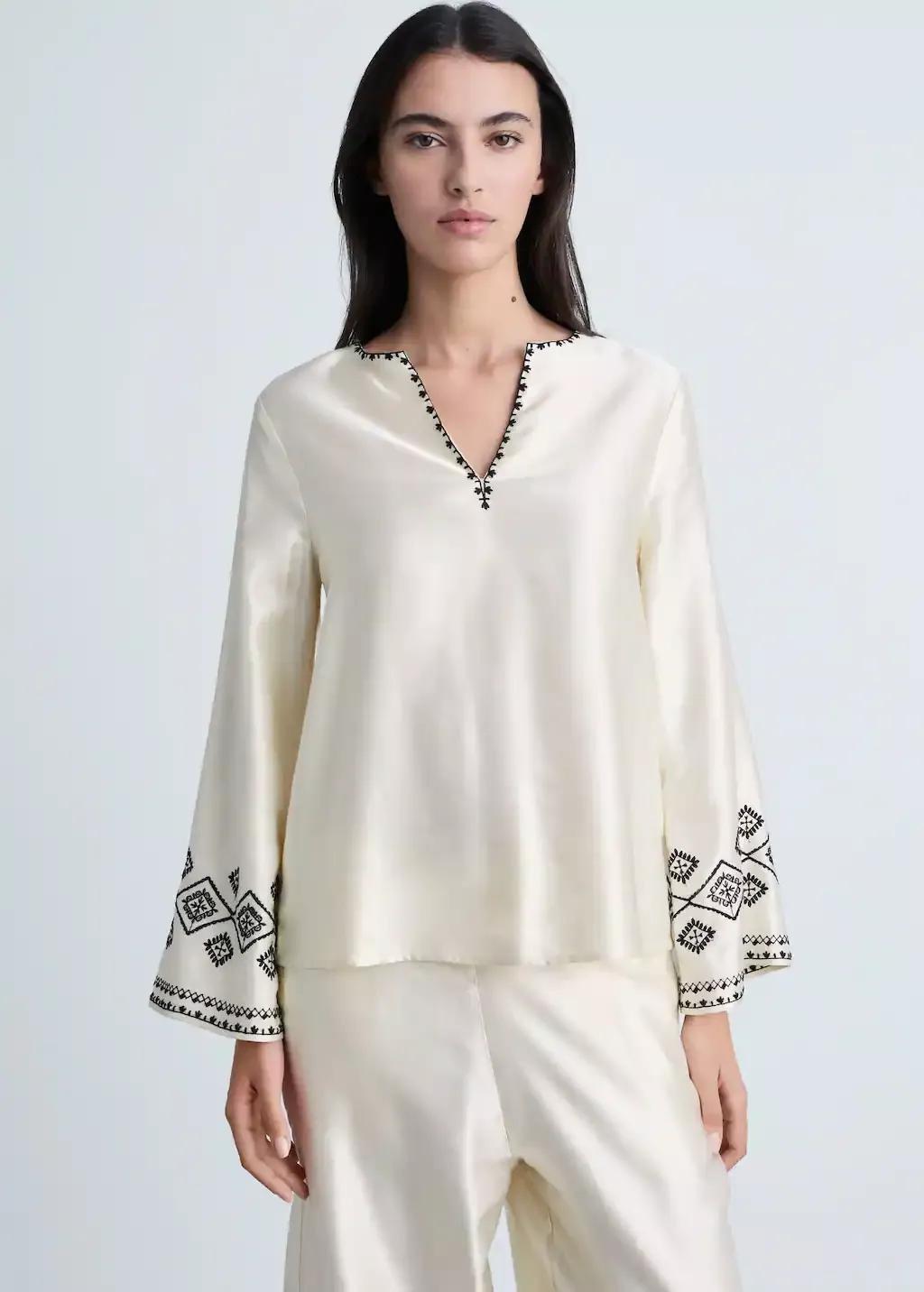 Beige Embroidered Satin Blouse, , medium