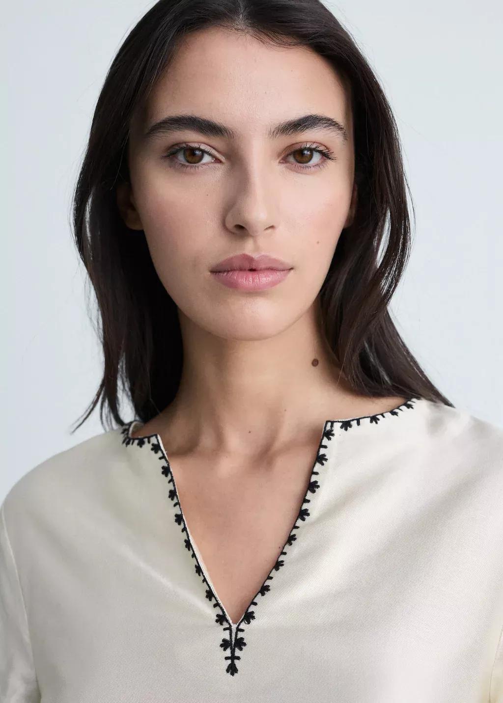 Beige Embroidered Satin Blouse, , large image number 1