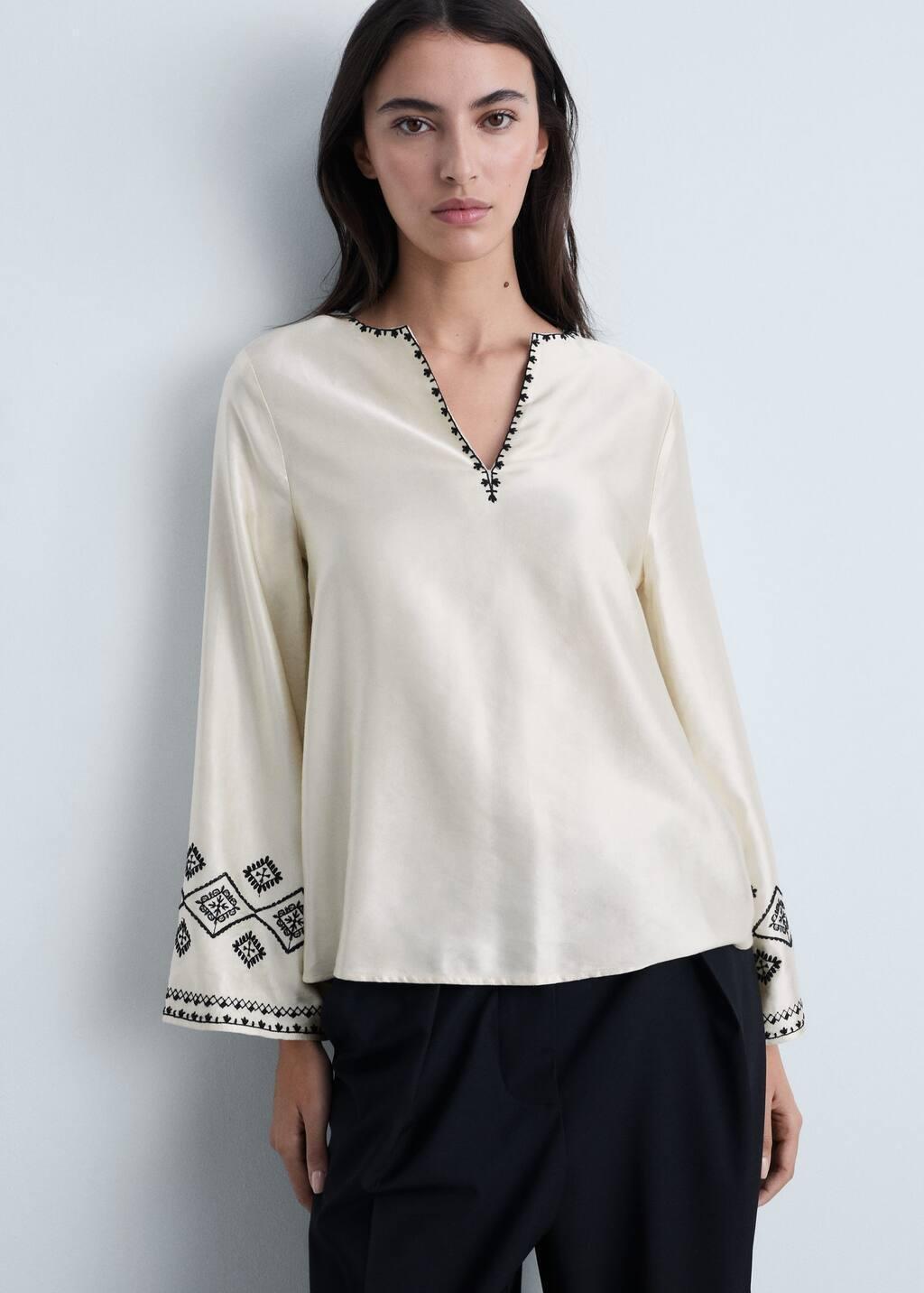 Beige Embroidered Satin Blouse, , large image number 2