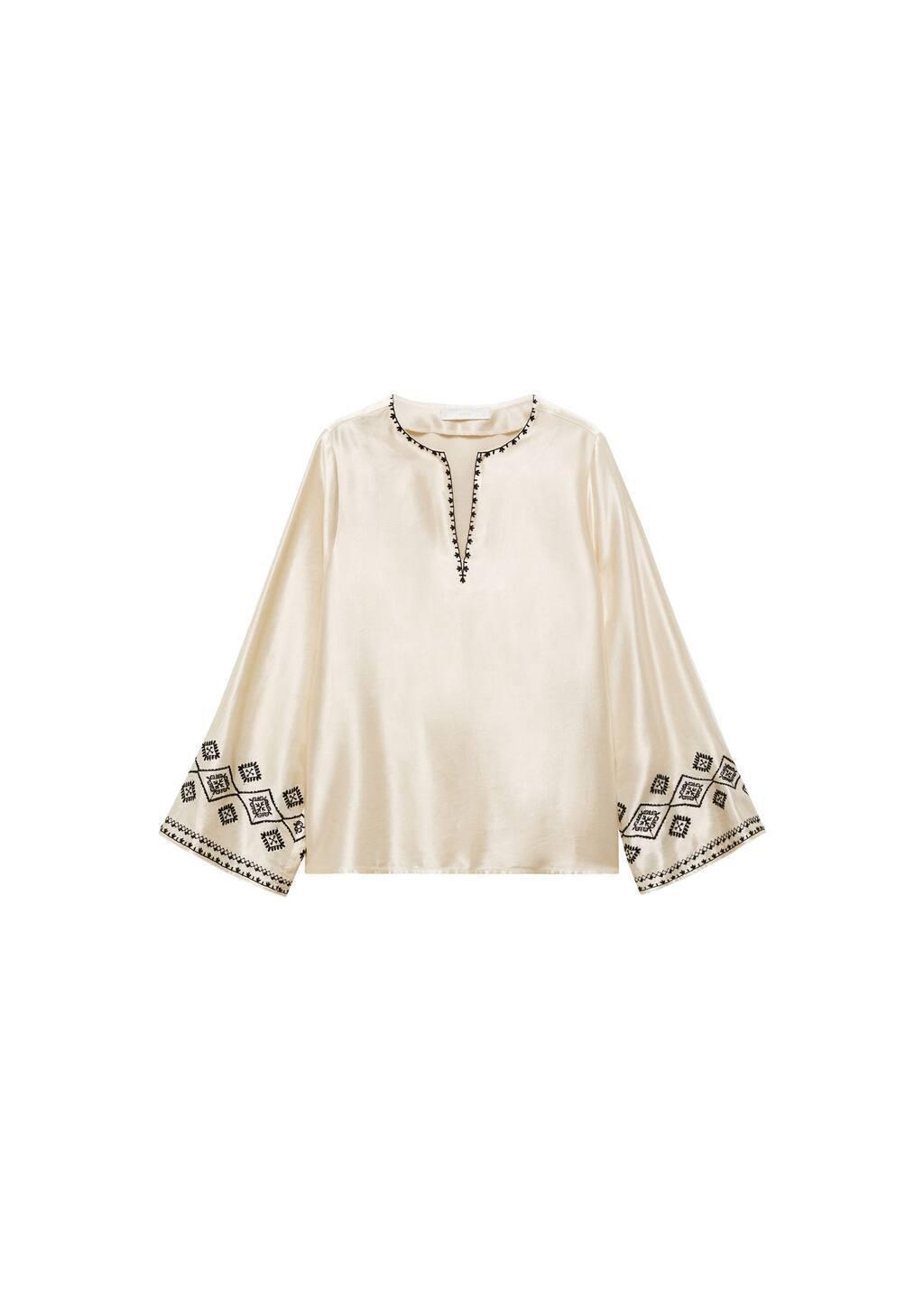 Beige Embroidered Satin Blouse, , large image number 3